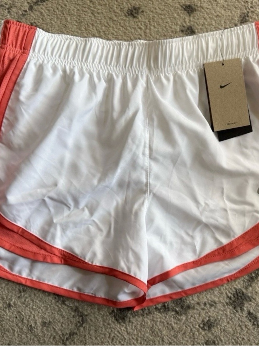 Nike Dri Fit Tempo Shorts Womens Medium White Canyon Logo Brief Lined Mid Rise
